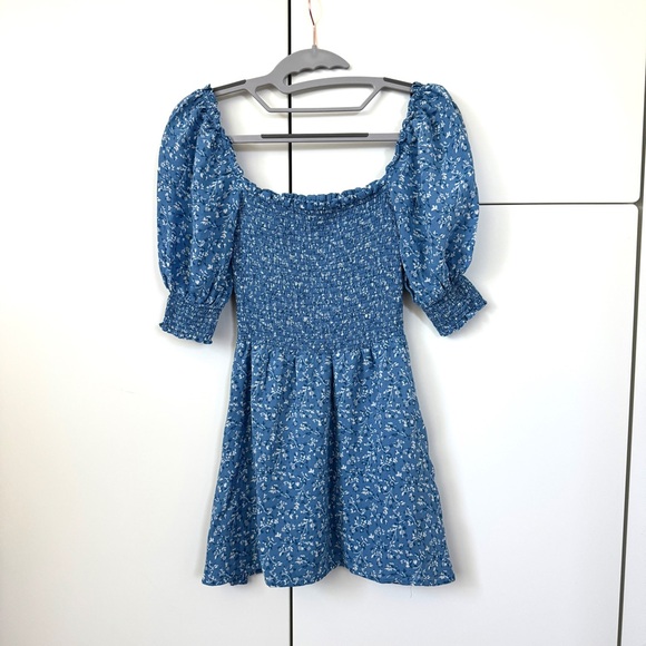 Reformation Elle Dress Size 0 Blue Floral Mini Short Puff Sleeve Smocked Top - Picture 2 of 7